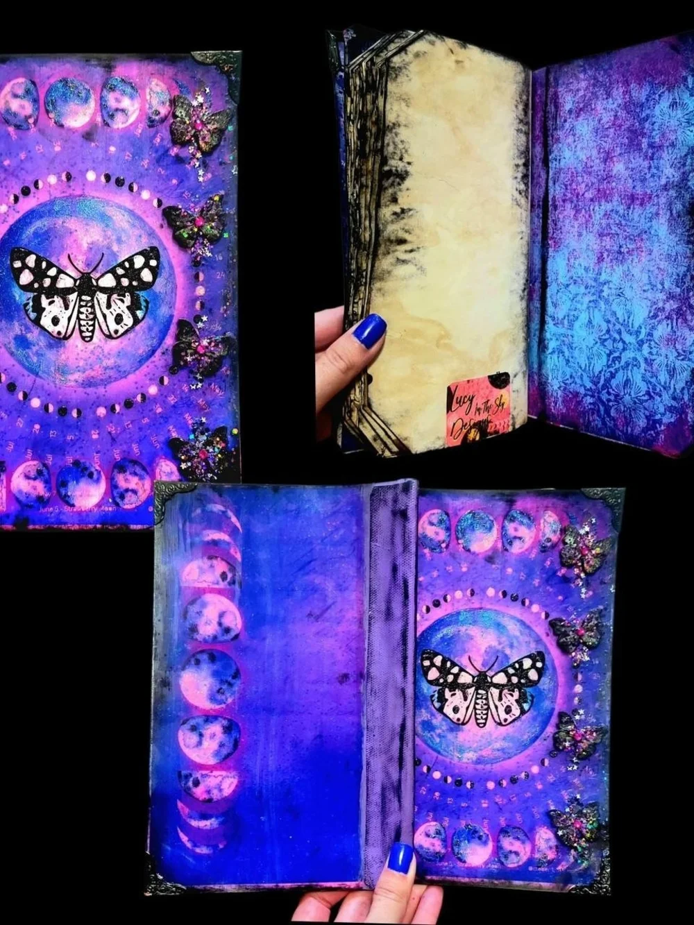Moon Moth Handmade Journal Sparkly Purple and Pink Nature Moon Unique Notebook